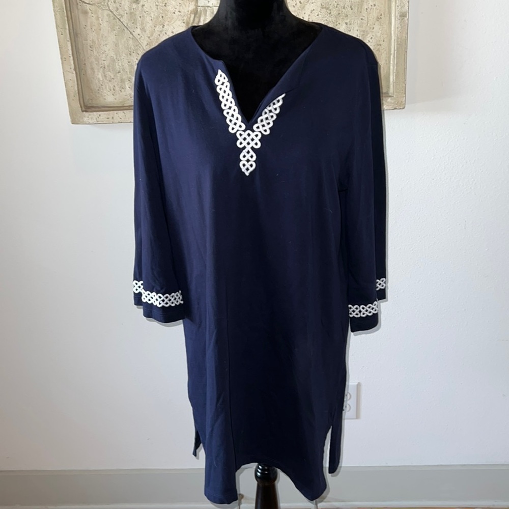 Talbots dark blue‎ embroidered shift dress Sz L